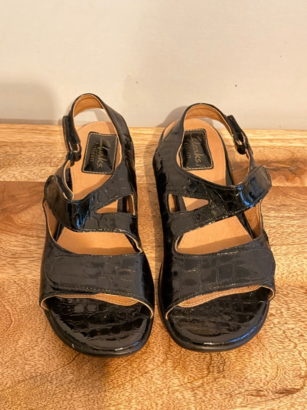Clarks Black Patent Croc-Texture Slingback Sandals